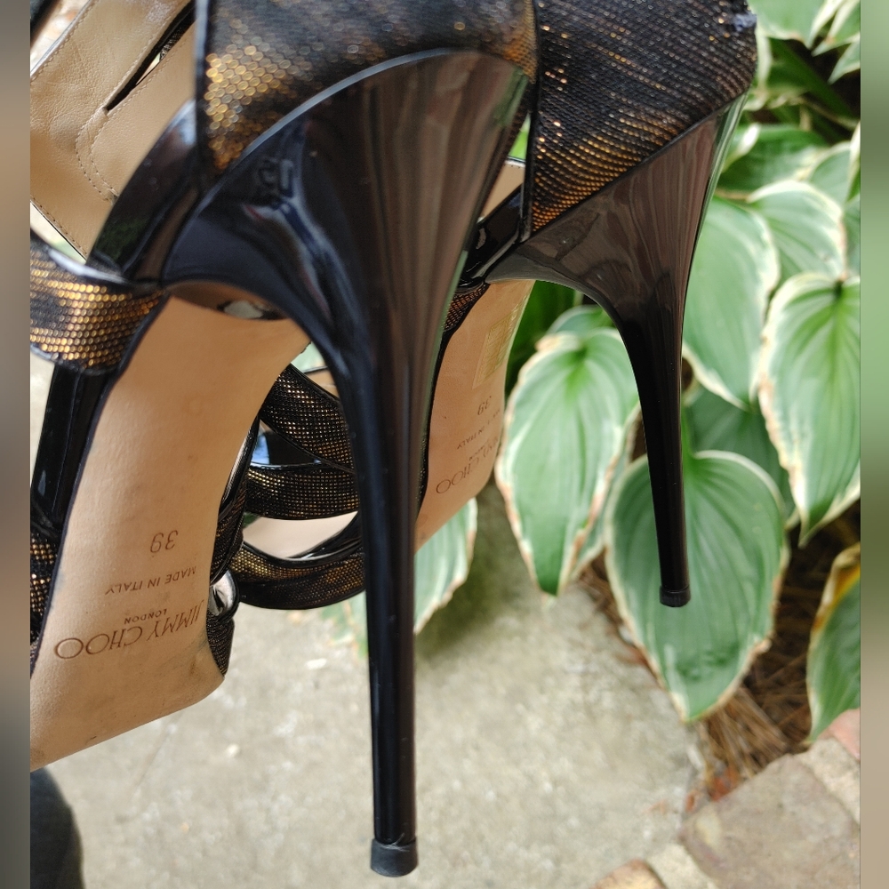 JIMMY CHOO 142 "COLLAR" ZEBRA LAME GLITTER SANDAL, BLACK/AMBER 39 - Picture 13 of 16